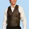 Scully Leather Mens Whip Stitch Leather Lapel Vest Brown Buff
