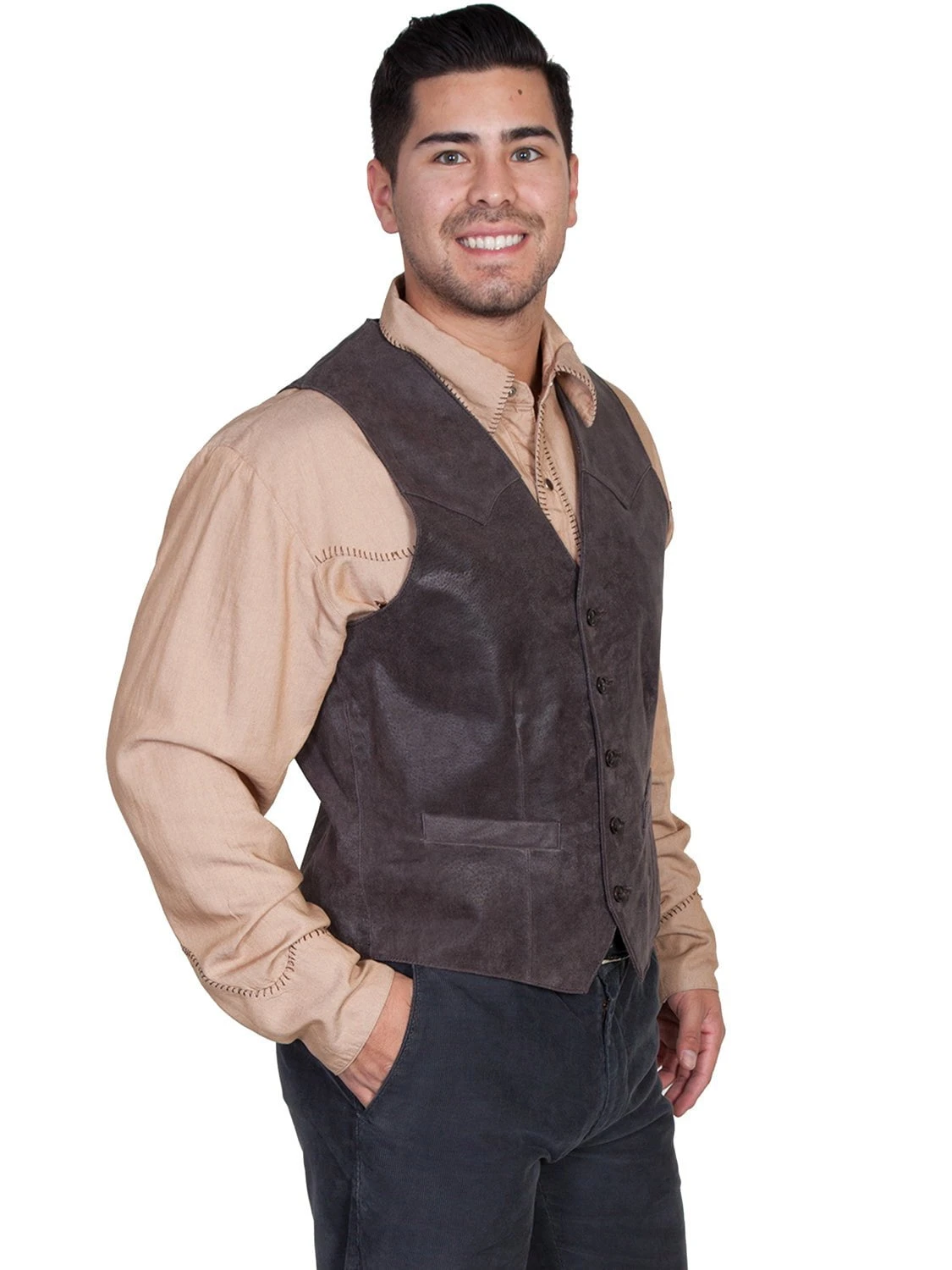 Scully Leather Mens Western Lambskin Button Front Vest Brown - Image 4
