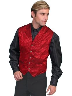 Scully Men's WAH MAKER Single Breasted Tooled Silk Vest - Red