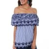 Scully Womens Navy Viscose Stripe Ruffle S/S Blouse