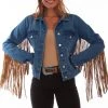 Scully Womens Denim Cotton Blend Leopard Fringe Jacket