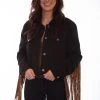 Scully Womens Black/Leopard Cotton Blend Fringe Denim Jacket