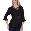 Scully Honey Creek Womens Blouse Black 100% Rayon Embroidered 3/4 Sleeve