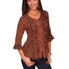 Scully Honey Creek Womens Blouse Copper 100% Rayon Embroidered 3/4 Sleeve