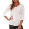 Scully Honey Creek Womens Blouse Ivory 100% Rayon Embroidered 3/4 Sleeve
