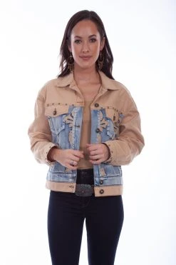 Scully Womens Tan/Blue 100% Cotton Two-Tone Denim Jacket