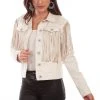 Scully Womens Off White Cotton Blend Fringe Paisley Denim Jacket