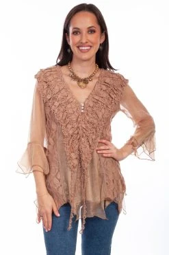 Scully Womens Natural Cotton Blend Double Ruffle S/S Blouse