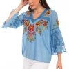 Scully Womens Blue Multi 100% Cotton Detailed Floral S/S Blouse