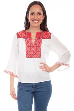 Scully Womens White/Red 100% Cotton Cross Stitch S/S Blouse