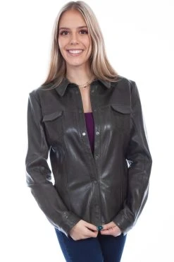Scully Womens Olive Leather Contemporary Snap Jacket