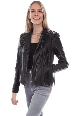 Scully Womens Black Lamb Leather Fringe Studded Jacket