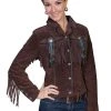 Scully Leather Womens Beaded Fringe Conchos Boar Suede Jacket Chocolate
