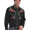Scully Mens Shirt Western Black Poly Blend Embroidered Floral Arrow L/S