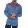 Scully Mens Blue/Cranberry Polyester Tooled Floral L/S Shirt