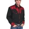 Scully Western Mens Crimson Polyester L/S Big Tooled Floral Western Shirt
