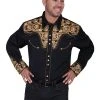 Scully Mens Shirt Western Gold Poly Blend Floral Tooled Stitch L/S