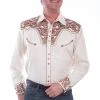 Scully Mens Shirt Western Natural Poly Blend Floral Tooled Stitch L/S