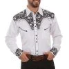 Scully Mens White/Black Poly/Rayon Tooled Floral L/S Shirt