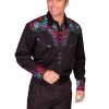 Scully Mens Shirt Western Blue Poly Blend Bright Floral Stitch L/S