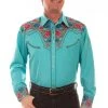 Scully Mens Turquoise Poly/Rayon Floral Tooled L/S Shirt
