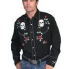 Scully Western Mens Black Polyester L/S Big Skull Rosees Western Shirt