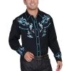 Scully Western Mens Black Polyester L/S Two Tone Leaf Western Shirt