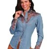 Scully Western Womens Blue Polyester L/S Floral Stitch Western Shirt